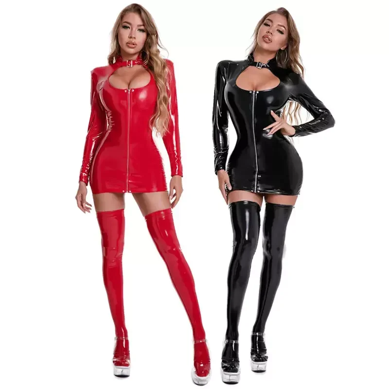 Frauen glänzende Langarm Leder Kleid erotischen Reiß verschluss offenen Schritt Latex Scheide Tasche Hüftrock sexy Boden