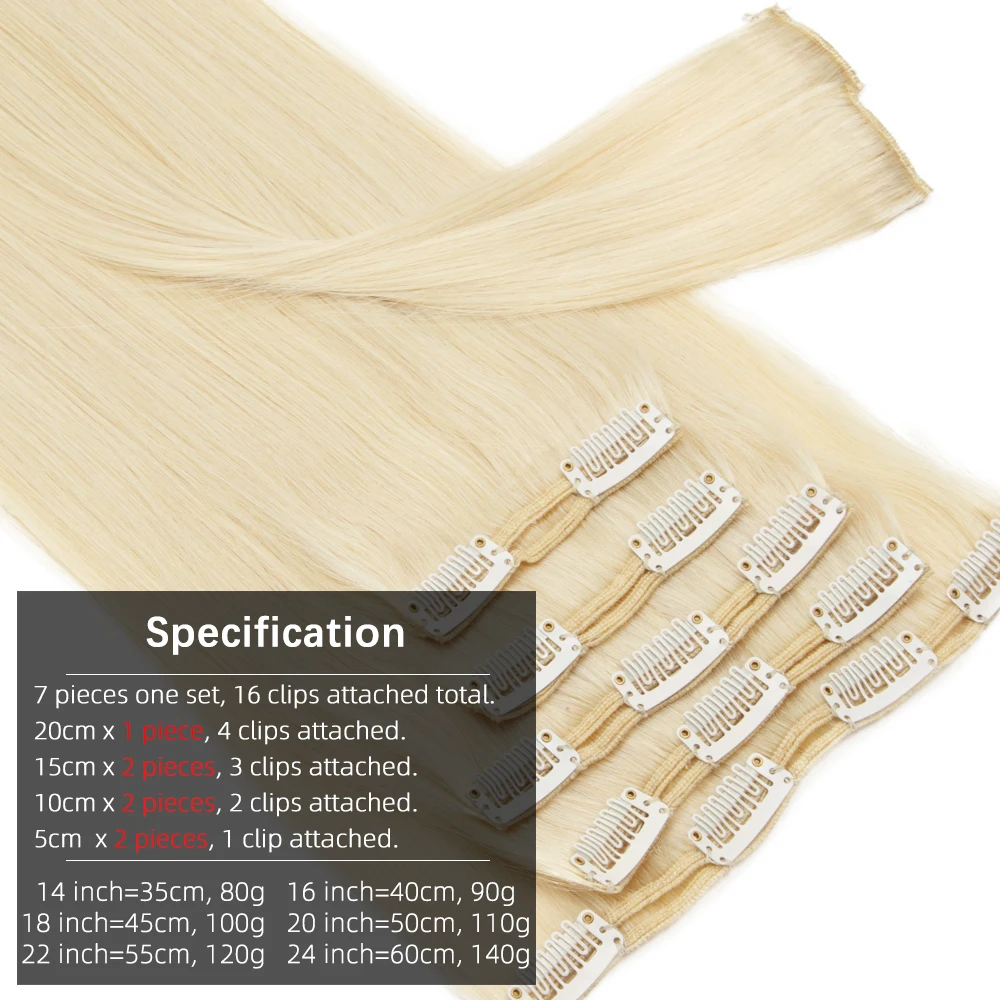 Isheeny Clip-in Human Hair Extensions 7pcs/set Blonde Remy Human Hair Straight 12\