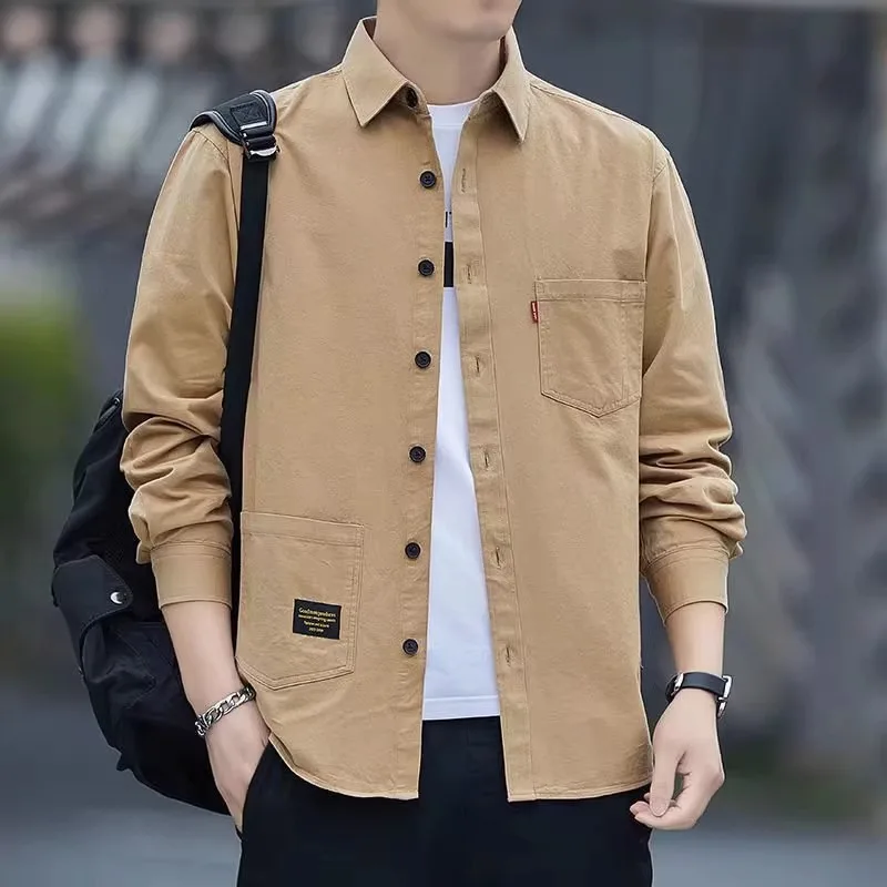 Men Spring New Thin Style Long Sleeved Shirt Solid Color Casual Youth Trend Lapel Collar Pocket Affordable All-match POLO Shirt