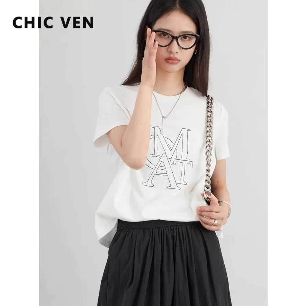 CHIC VEN Women T-Shirts Irregular Letter Patch Embroidered Short Sleeved Woman Tees Cotton Female Top Summer 2024