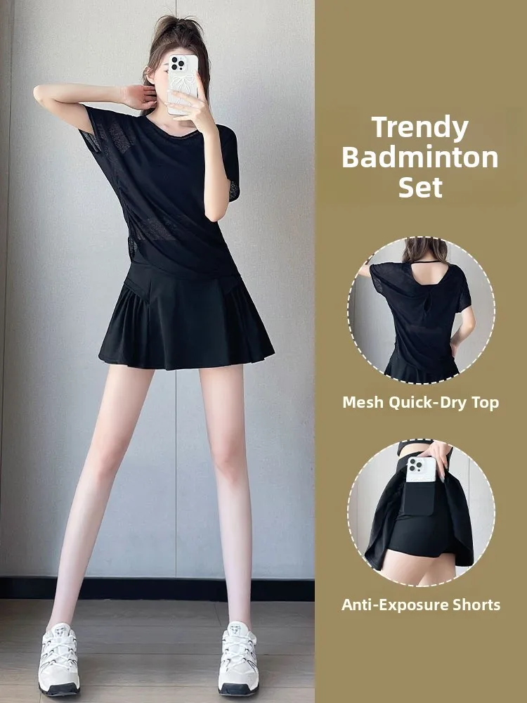 

Женский летний спортивный костюм для тенниса 2023 года Qui Dry Me ort Sve Fitn, юбка для бега, комплект из двух предметов, круглый пуловер Ne