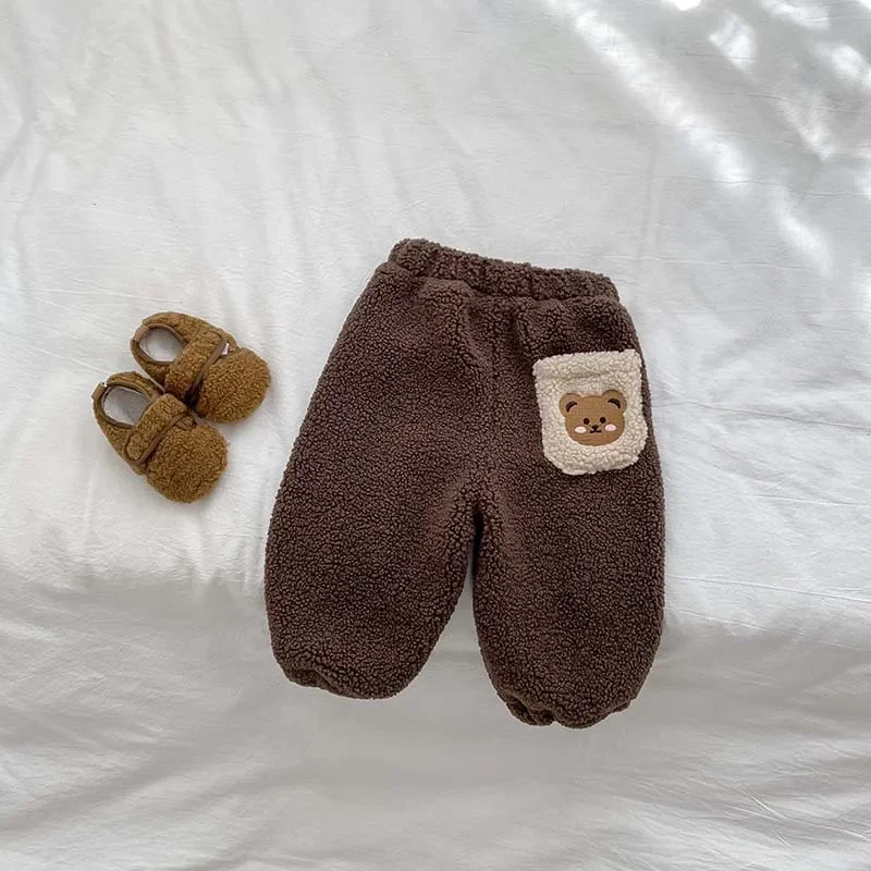 Winter Plush Thicken Warm Baby Pants Cute Bear 2023 Korean Toddler Plush Pants Double Layered Newborn Thick Outer Wear