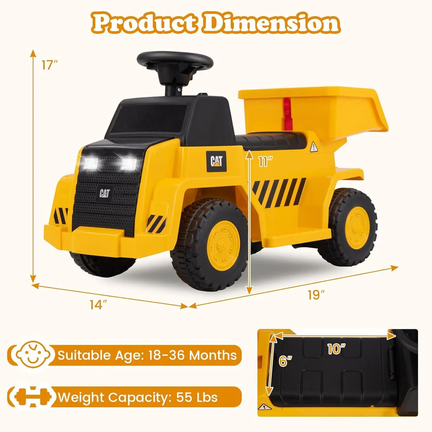 Licensed Ride on Dump Truck, 6V Cat Construction Car Electric Vehicle with Adjustable Dump Bed, Horn, Headlight, Bucket, Battery