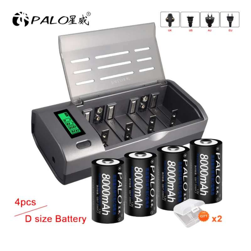 

PALO 1.2V D size rechargeable battery 8000mAh type D LR20 R20 battery +LCD Intellgent 1.2V AA AAA C D NIMH NICD Battery Charger