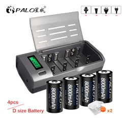 PALO 1.2V D size rechargeable battery 8000mAh type D LR20 R20 battery +LCD Intellgent 1.2V AA AAA C D NIMH NICD Battery Charger