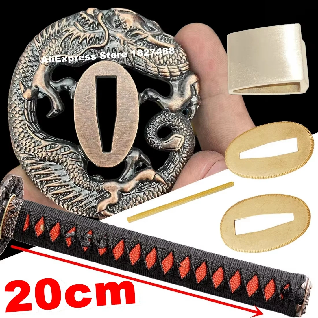 Espada samurai japonesa com alça katana, 20cm, guarda wakizashi, conjunto completo de acessórios, dragão tsuba + menuki + fuchi + kashira + habaki + seppa