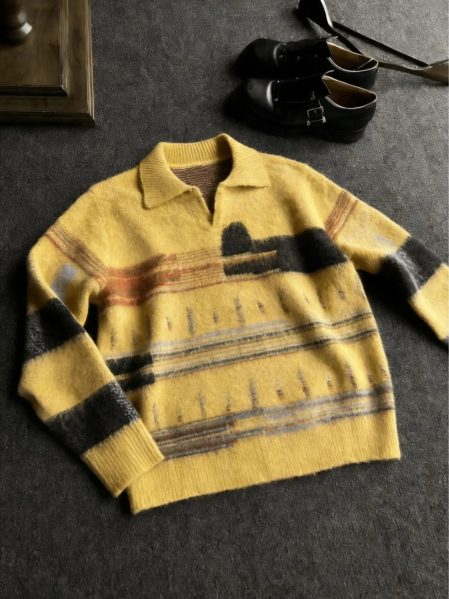 

American Sle Casual Loose Knitted Sweater Collared Color Blo Men's Autumn Winter Comfortable Oversize Hoodie Trendy