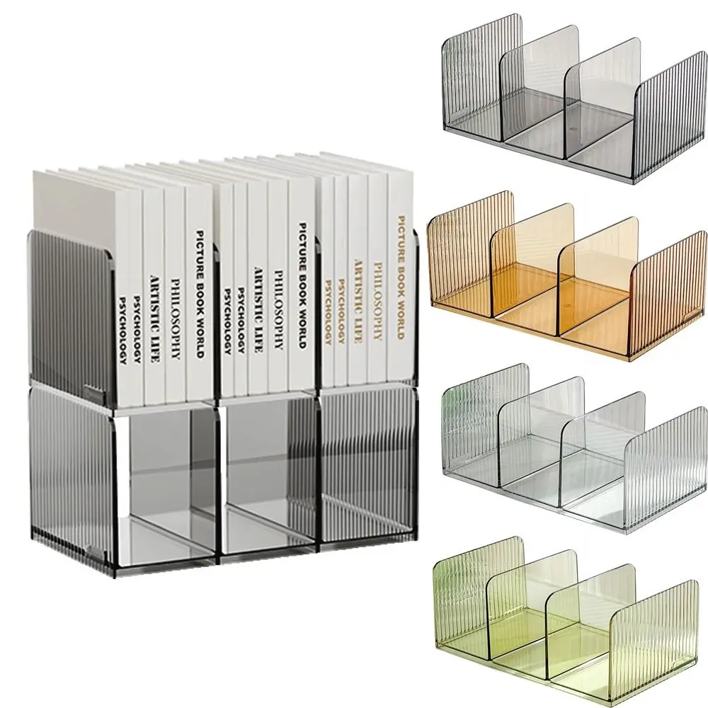 ปฏิบัติสามช่องโปร่งใส Bookends Non-SLIP Desktop Bookshelf STACKABLE กันน้ําชั้นวางหนังสือ Home