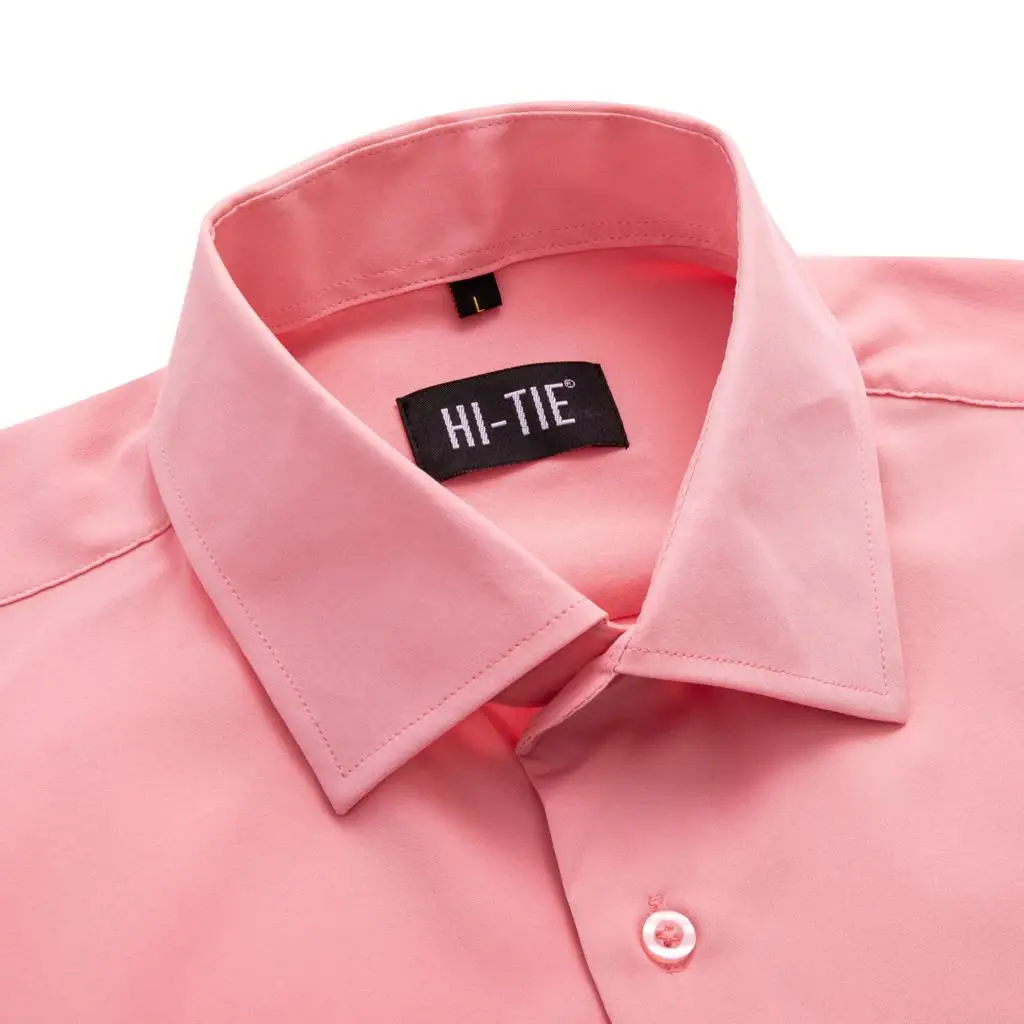 Hi-Tie Plain Coral Pink Silk Mens Shirts Lapel Long Sleeve Dress Suit Social Shirt Soft Breathable Male Blouse Wedding Business