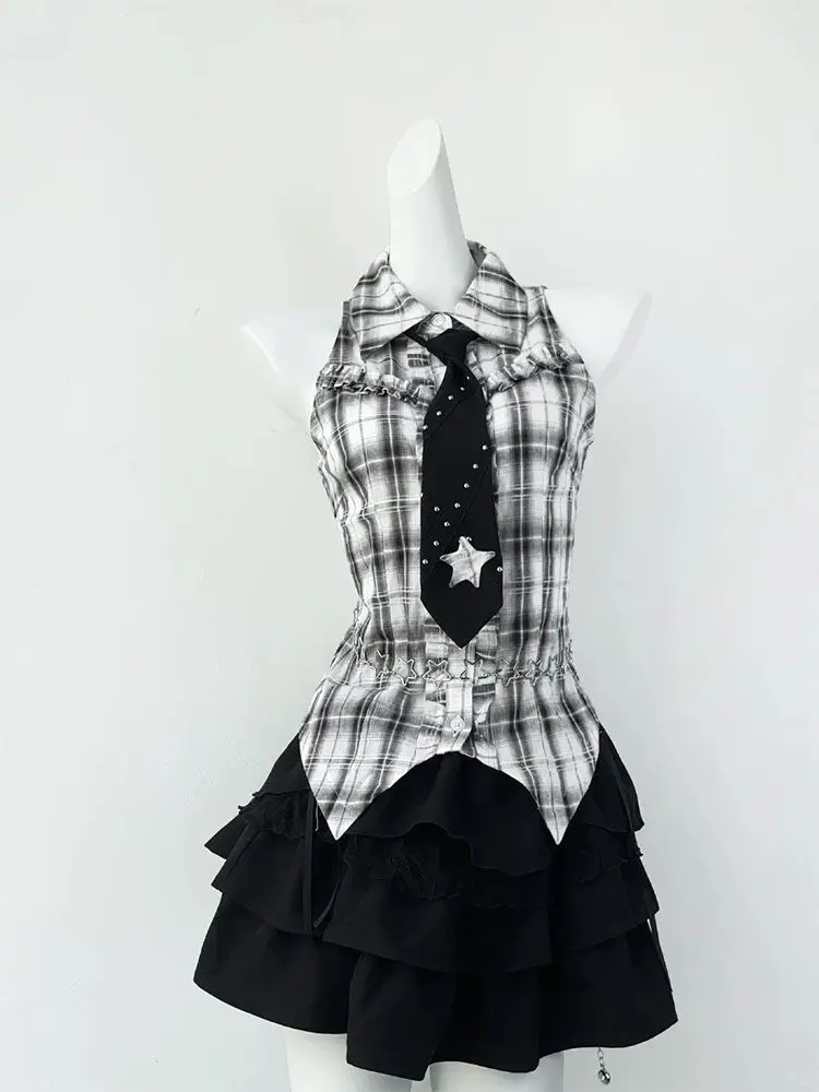 Black Gothic American Vintage 2 Piece Suits Y2K Crop Top Blouse Irregular Dress Women Slim Fit Korean Harajuku Retro Outfit - view 6