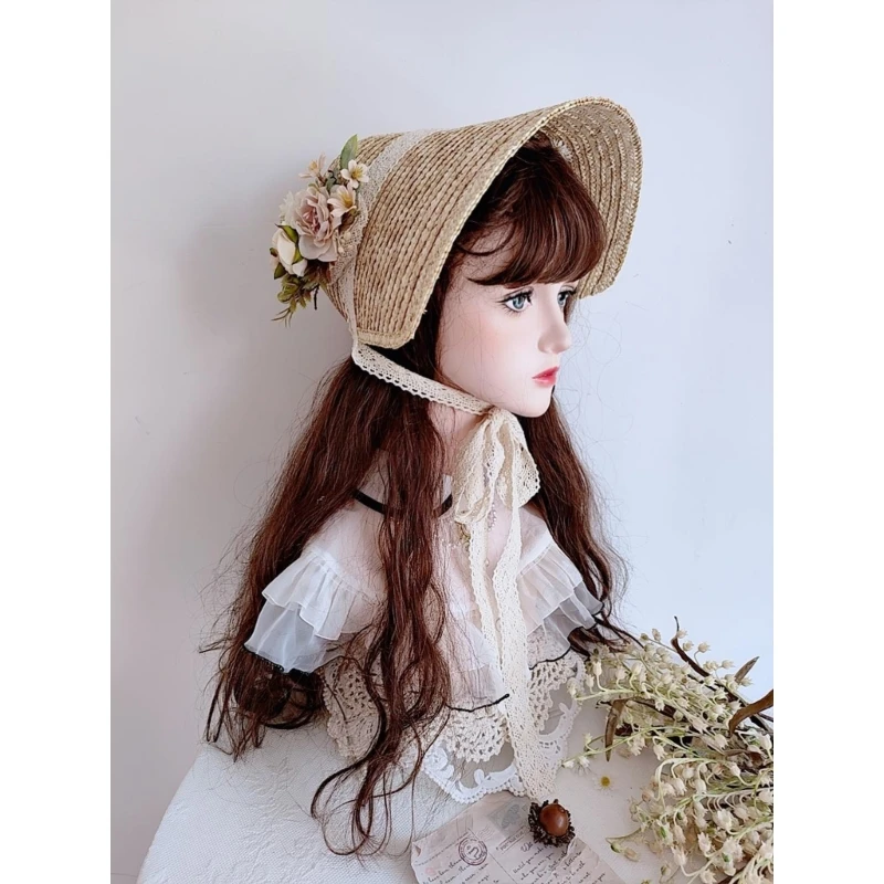 Women French Style Straw Hat with Lace-up Neckstrap Sun Cap Japanese Lolita Girls Sweet Tea Party Beach Sunproof Hat Photo Props