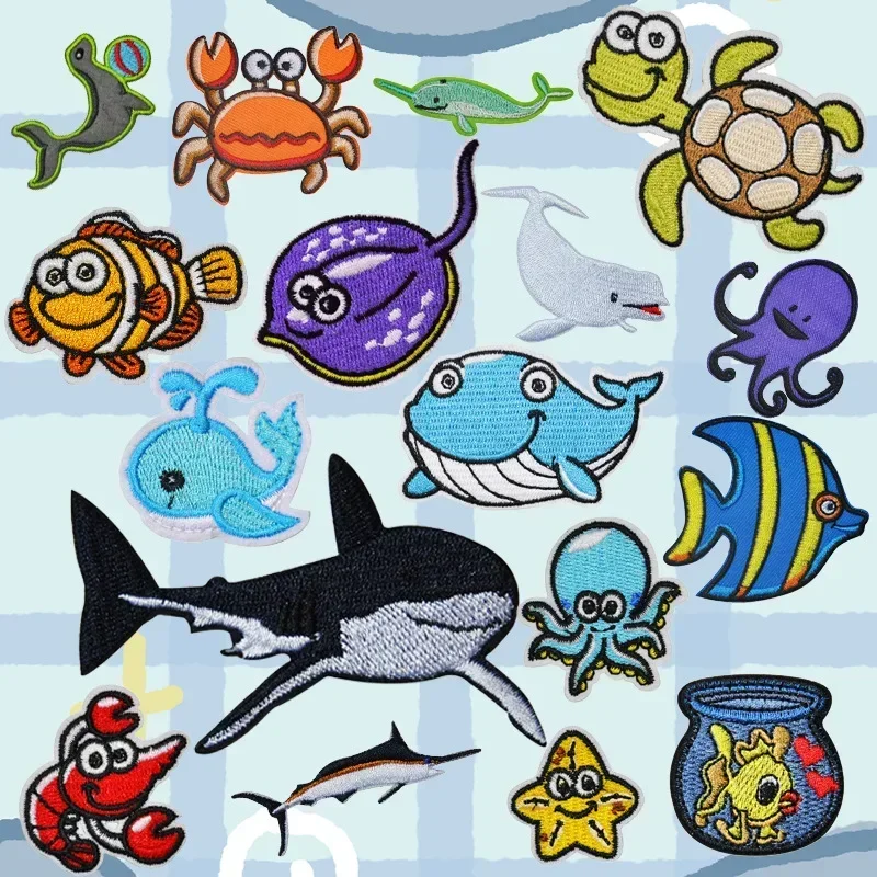 Childlike Marine Animals Embroidery Iron on Patch Cartoon Fish Dolphin Crab Lobster Thermoadhesive Appliques for Kids Clothing