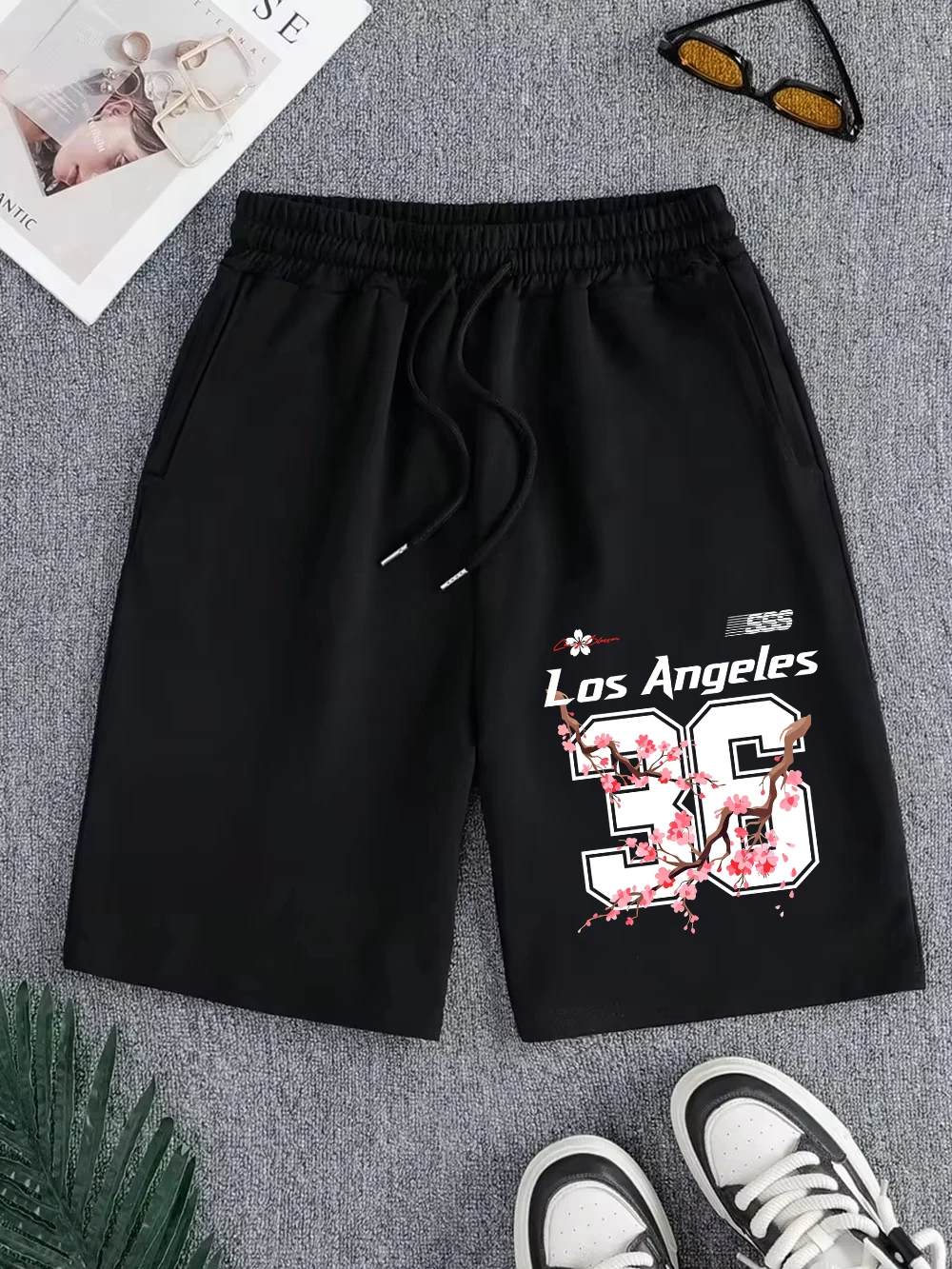 

Los Angeles Sakura 36 Printed Pants Mens Sporty Pocket Knee Length Shorts Basics High Waisted Shorts Summer Oversized Clothes