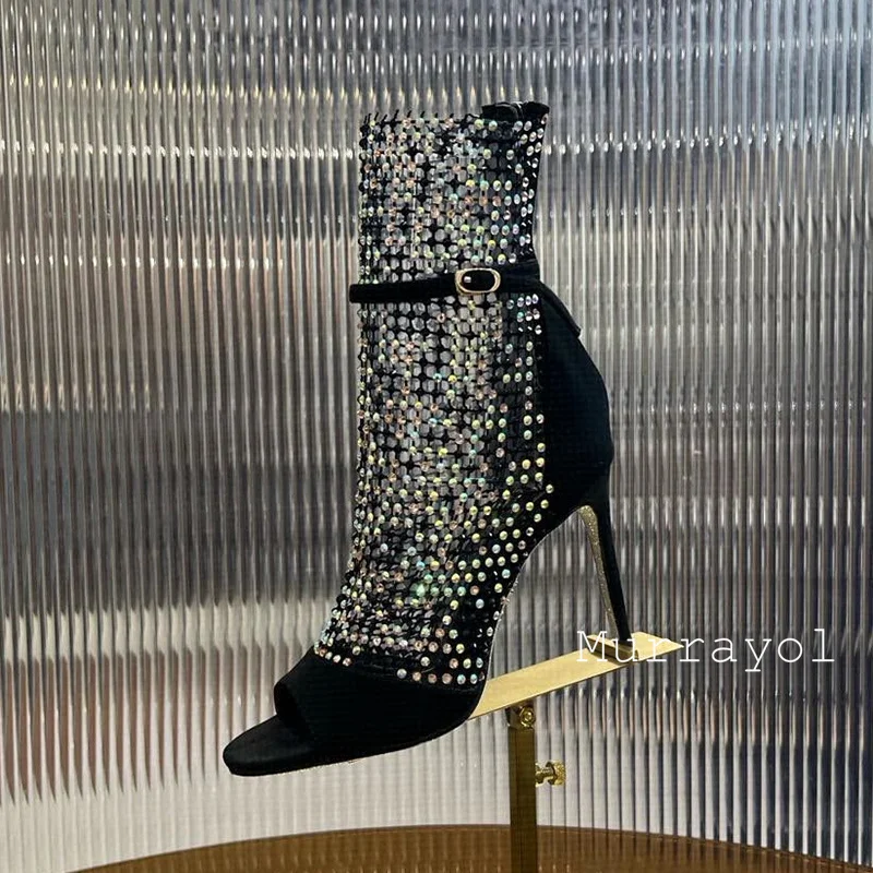 جديد إمرأة شبكة تصميم جوفاء رقيقة الكعوب أحذية باردة حجر الراين ديكور المفتوحة تو رقيقة عالية الكعب Sandalias الصيف فستان الحفلات الأحذية