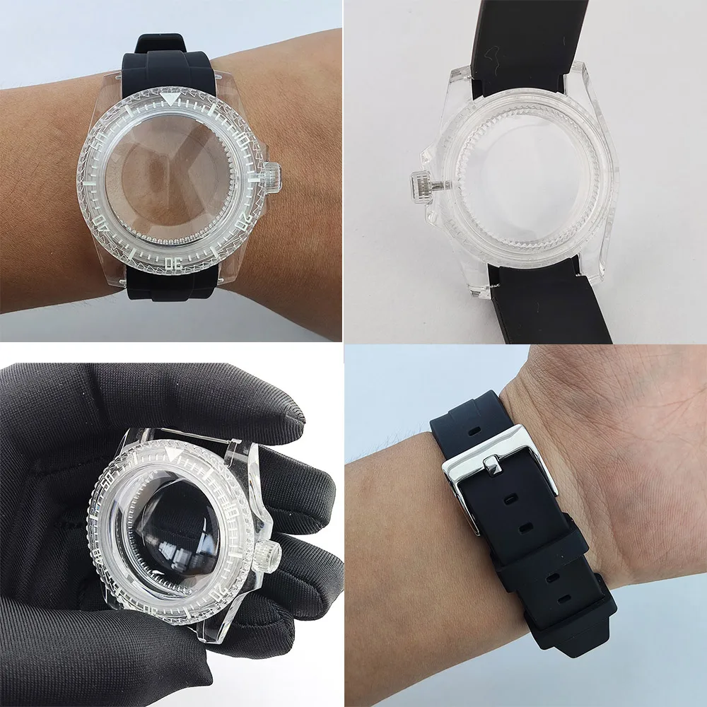 Cassa per orologio trasparente da 40 mm Set di cinturini per orologi da 20 mm Custodia in plastica acrilica luminosa verde per cinturino per orologio in gomma con movimento NH35/NH36