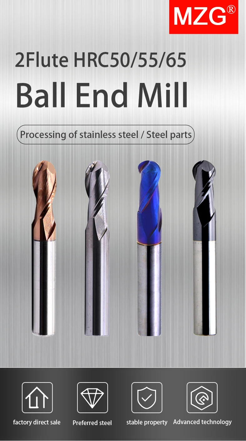 MZG 2 Flöte HRC45 HRC55 HRC65 Kugelfräser Nano-Beschichtung Hartstahl Gusseisen Hartmetallwerkzeug Wolframfräser R0.5-R6.0 – Detail 1