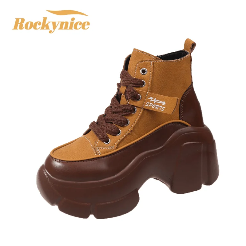 

7CM Leather Platform Boots New Autumn Wedge Hidden Heels Women Casual Chunky Sneakers Winter Lace-up Walking Ankle Boots Woman