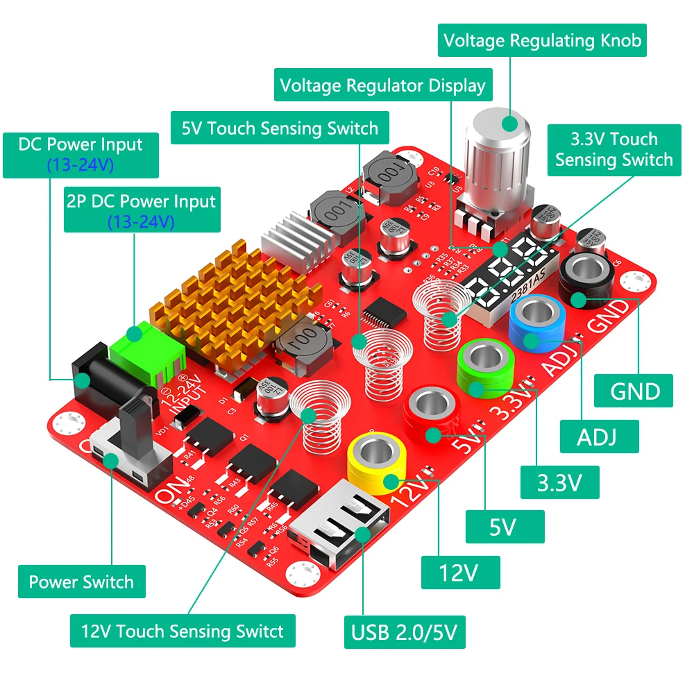 Nowa wersja DC Wejście 13-24V do 3.3V, 5V, 12V i 1.8V-10.8V (ADJ) Płytka rozdzielcza napięcia wyjściowego z regulowanym pokrętłem napięcia ADJ