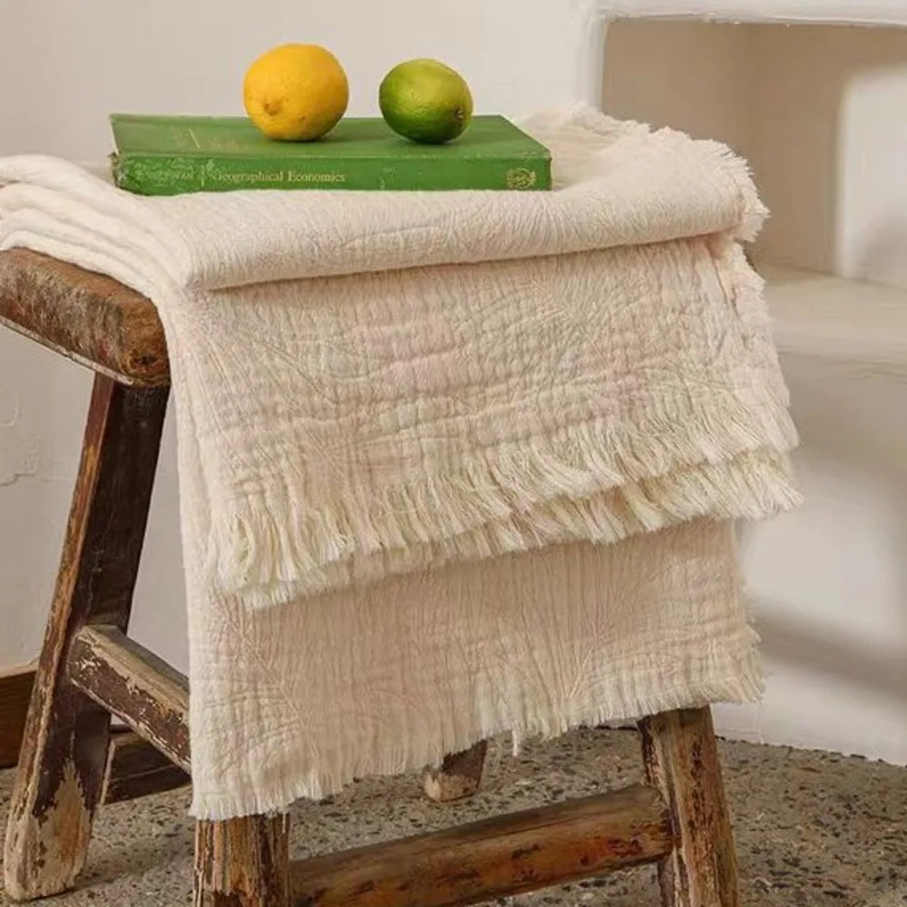 

4 Layer Thickened All Cotton Gauze Blanket Yarn Woven Jacquard Fringe Small Blanket, Sofa Cover Blanket Office Nap Blanket