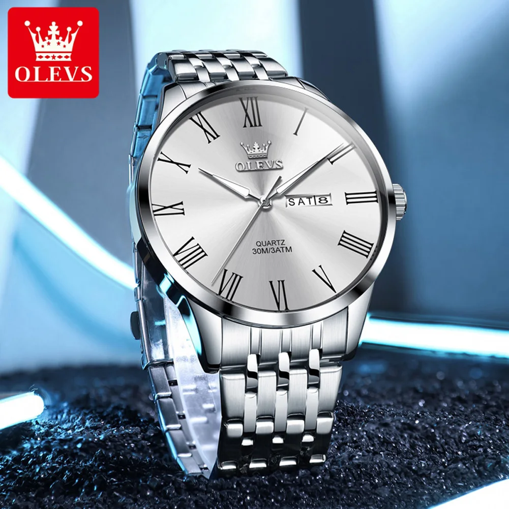 

OLEVS 3633 Mens Watch Original Stainless Steel Quartz Watch Waterproof Luminous Week Date Watches For Man Large Dial Box Gifts