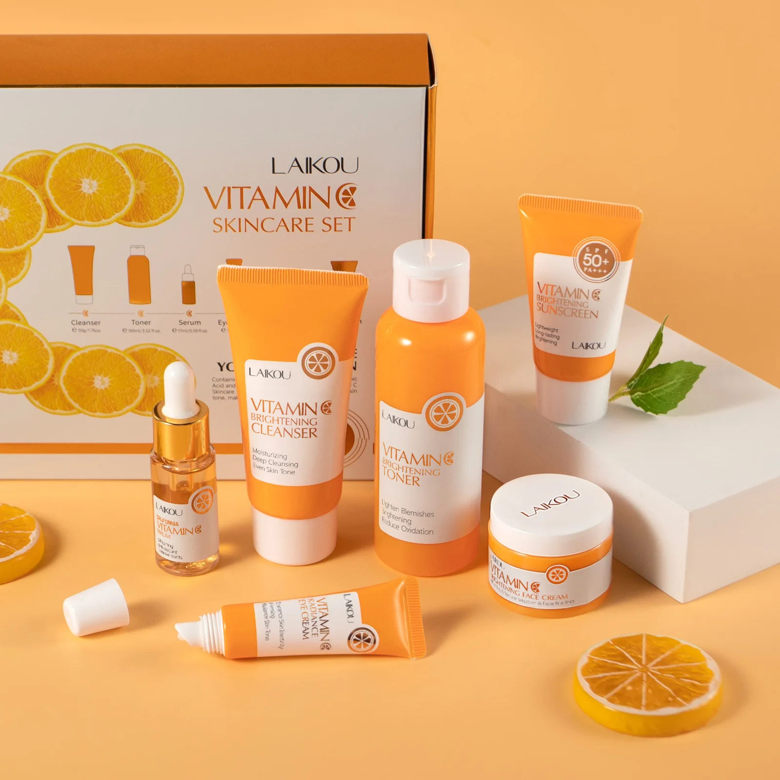 LAIKOU Vitamin C 6 Piece Skincare Set, Brightening Moisturizing Face Care Kit, Daily Skin Care Routine Gift Box Brightening