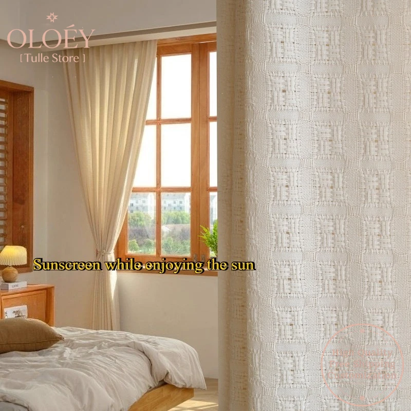 

Japanese Linen Sheer Curtains for Living Room Woven Cream Cotton Light Blocking Bedroom White Natural Yarn Light Filtering Drape