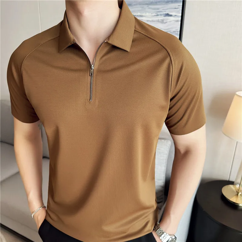 2024 Summer New Men Solid Color Polo Shirt Short Sleeve Turn-Down Collar Zipper Tshirts &for Men Casual Streetwear New Male Tops