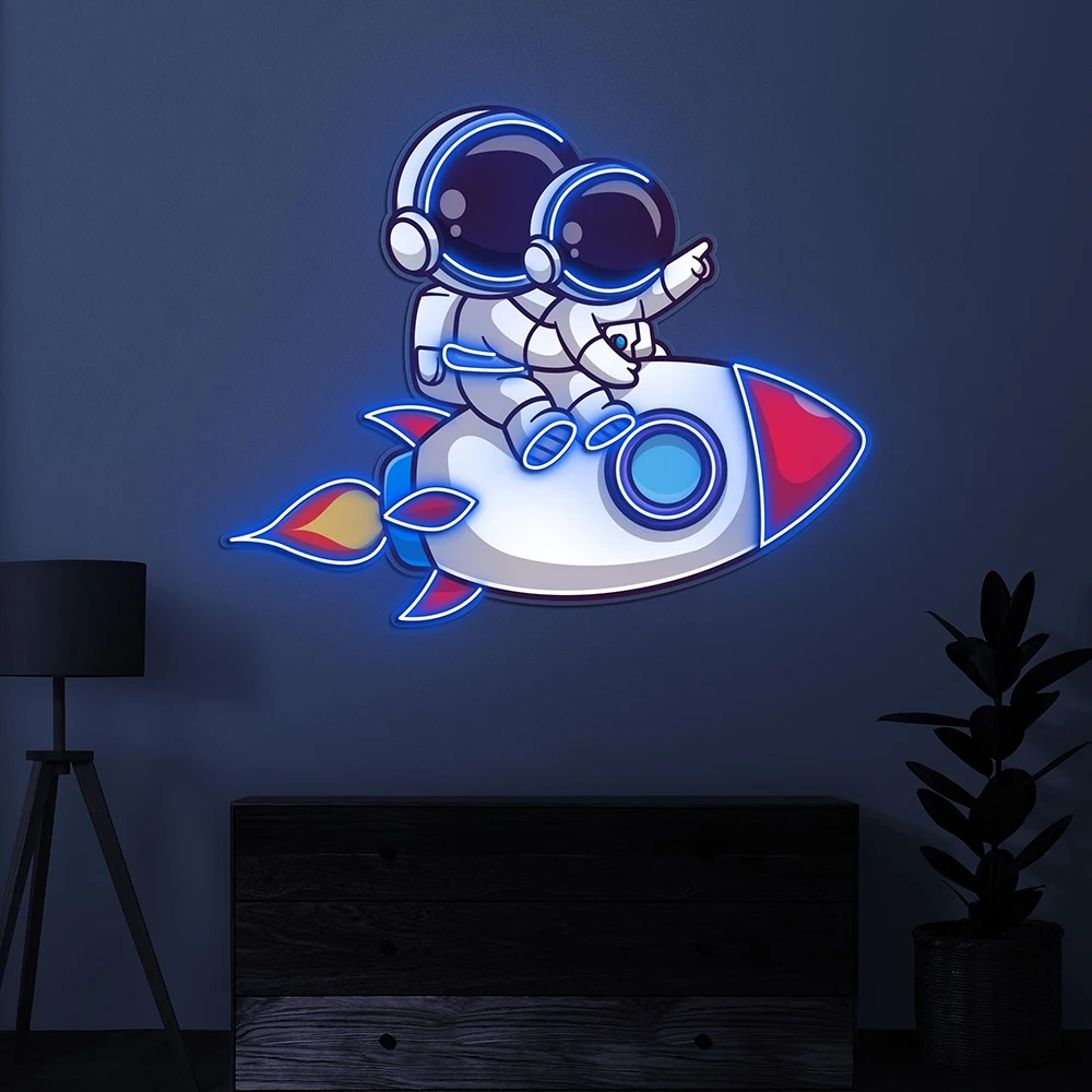 Couple Astronauts on Rocket Neon Sign Gaming Room Kids Room Decor LED Neon Light Home Bedroom Decor Neon Sign Personalized Gifts