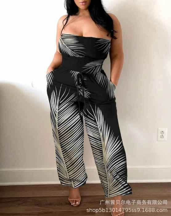 

2024 Summer Fashion Women's Jumpsuit Elegant Casual Leaf Print Strapless Pleated Drawstring High Waist Pocket Wide Leg Jumpsuit