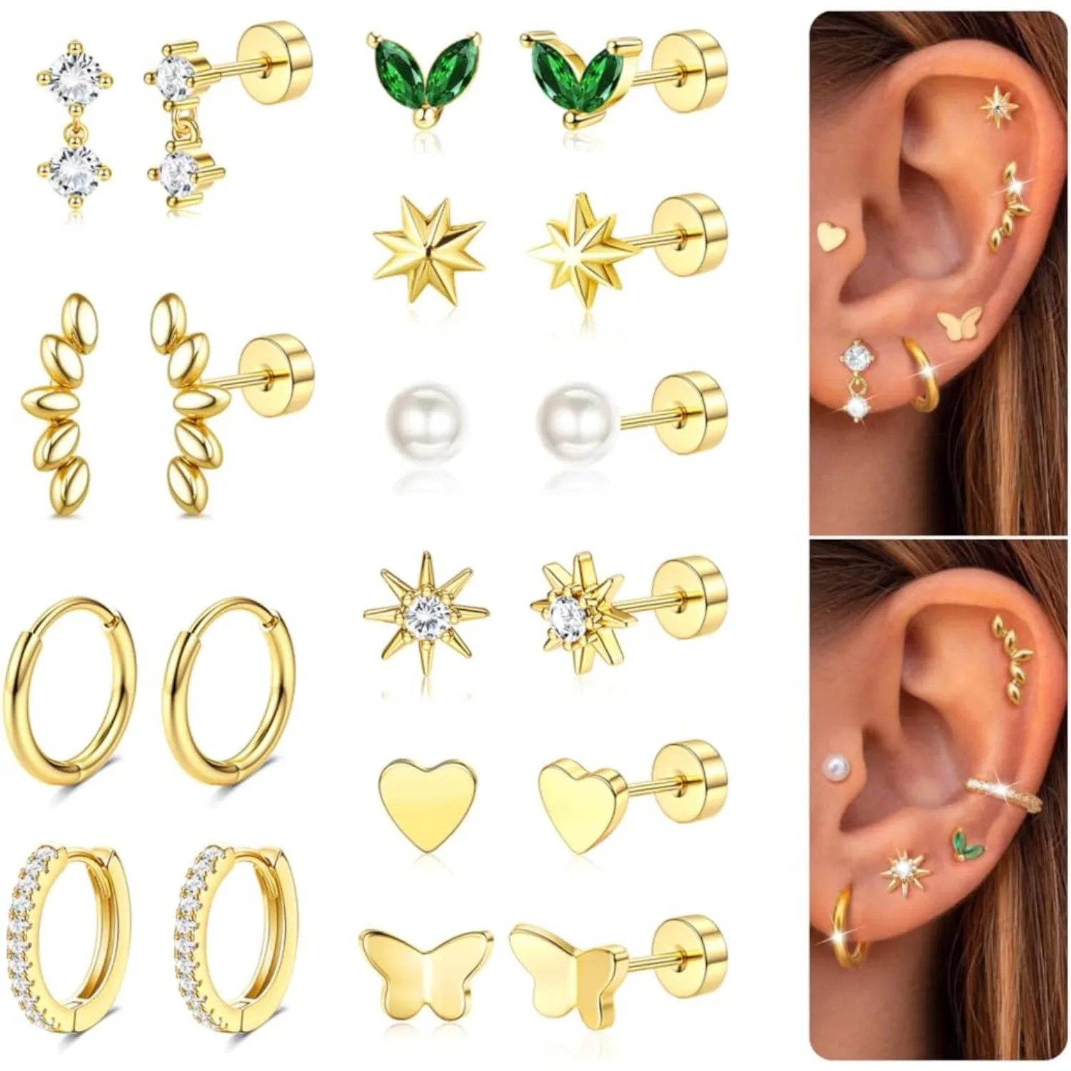 Bobisty 10Pairs Surgical Steel Earrings Cartilage Hoop for Sensitive Ears Women Trendy Flat Back Studs Stacks Tragus Piercing