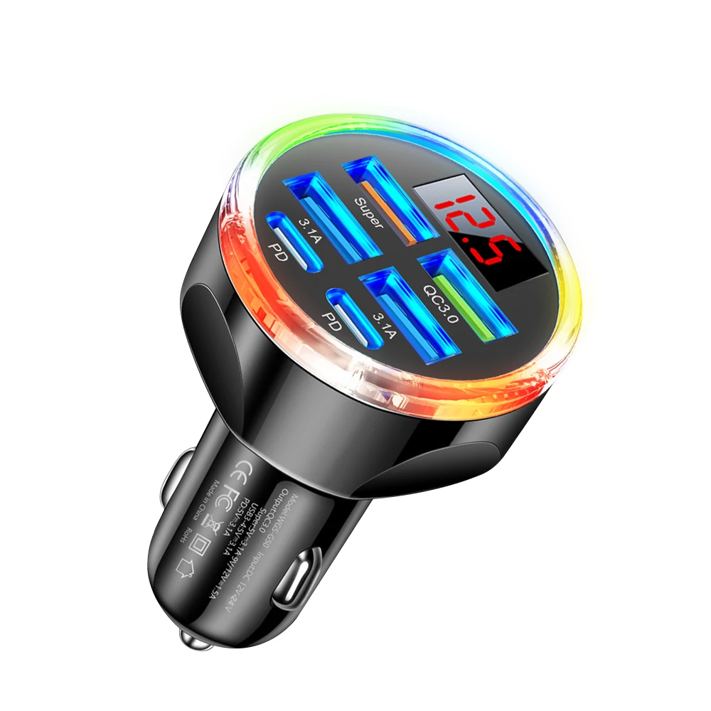 UYUXIO Superschnelllade-USB-C-Autoladegerät-Adapter mit Spannungsanzeige PD 30 W Multi-Port mit Voltmeter für iPhone Samsung