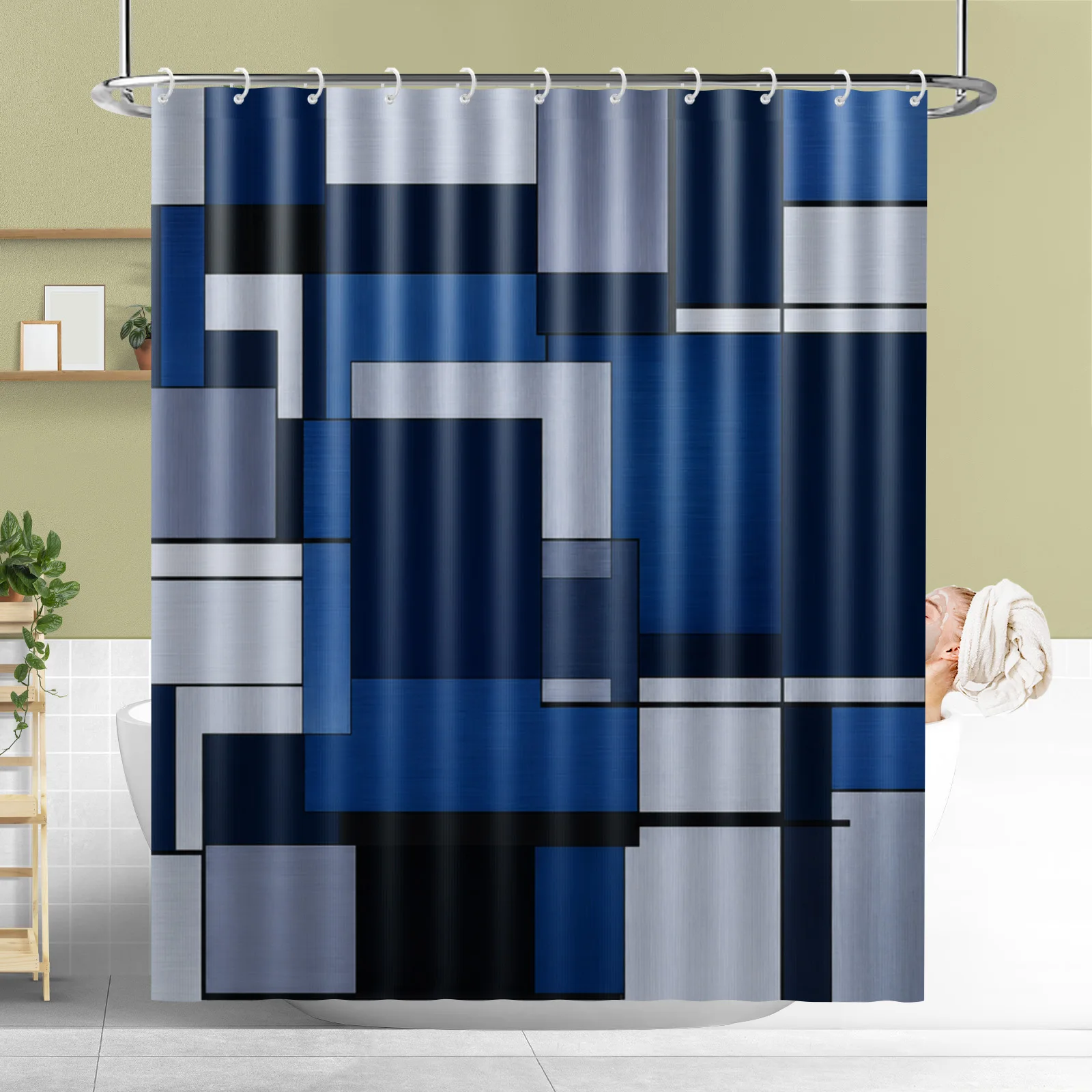 Rideau de douche élégant à motif géométrique abstrait avec crochets, en tissu polyester imperméable, pour la salle de bain et la décoration intérieure