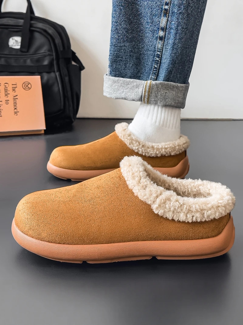 Men's Winter Fleece Lined Slip-On Cotton Slippers Thick Bottom Outdoor Wearable Casual Shoes Leather Fur Integrated Cover Ant...