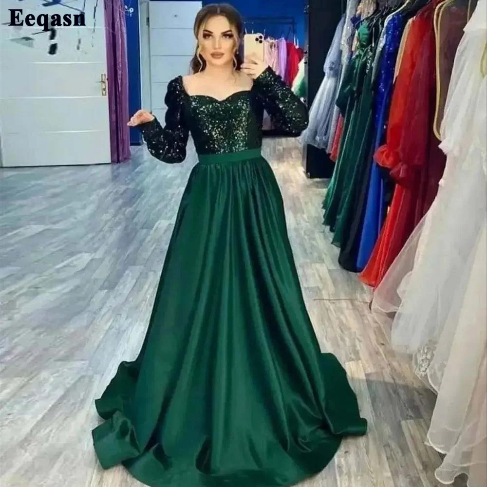 Eeqasn-Vestidos de Fiesta de satén con lentejuelas verdes para mujer, vestidos de noche formales de manga larga, vestido de dama de honor para fiesta de boda, 2022