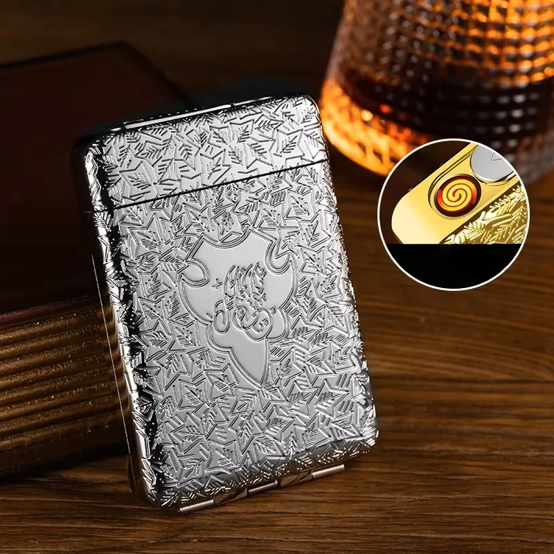 

New Retro Cigarette Lighter Cigarette Case USB Rechargeable Tungsten Lighter 16-Pack Standard Cigarette Case Men's Smoking Set
