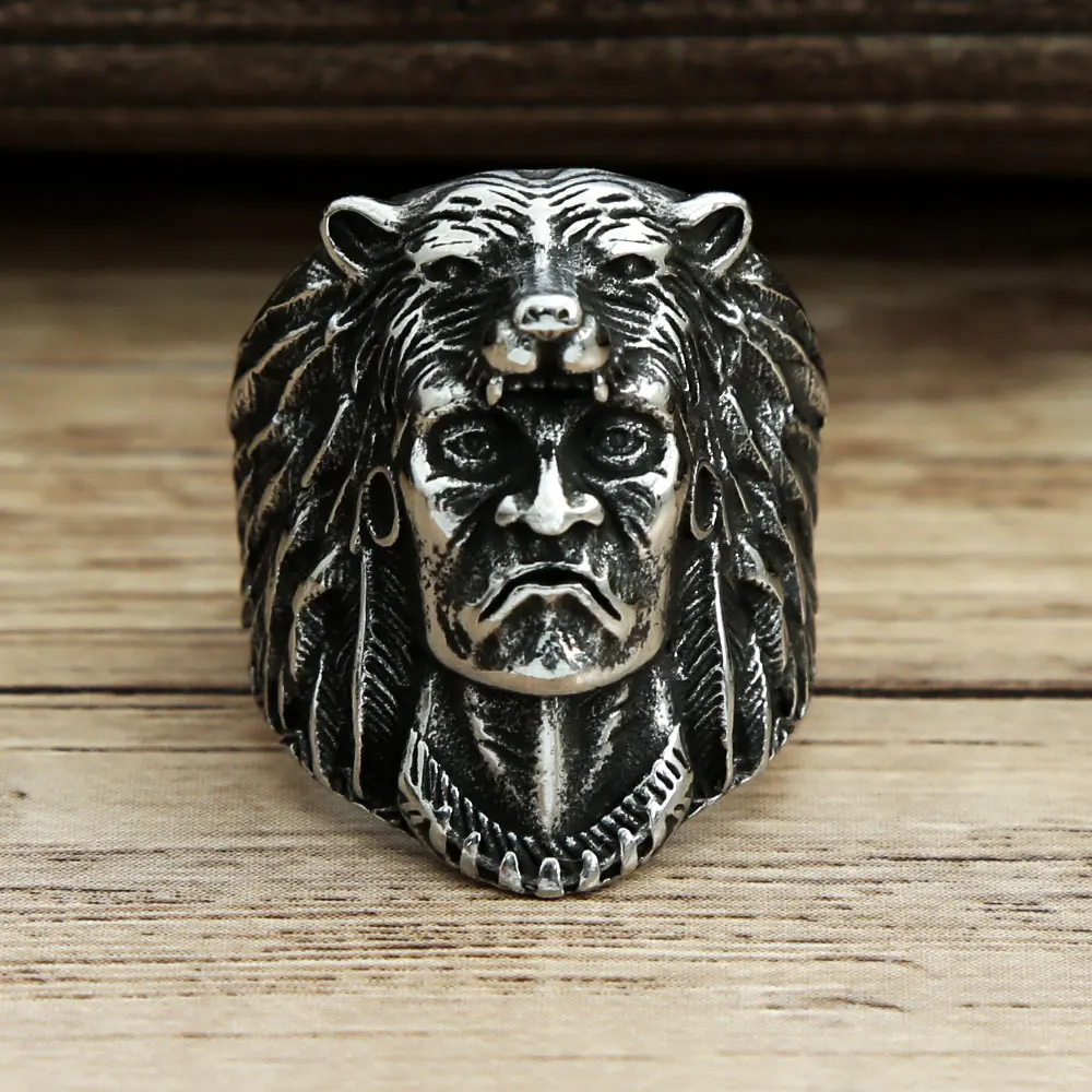 

Unique Vintage Indian Warrior Biker Ring For Men 316L Stainless Steel Viking Wolf Head Rings Punk Fashion Jewelry Gift Wholesale