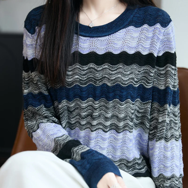 

25 Years Early Autumn New Fine Wool Round Neck Knitted Sweater Long Sleeve Women Color Block Wave Pattern Hollow Out Base Shirt