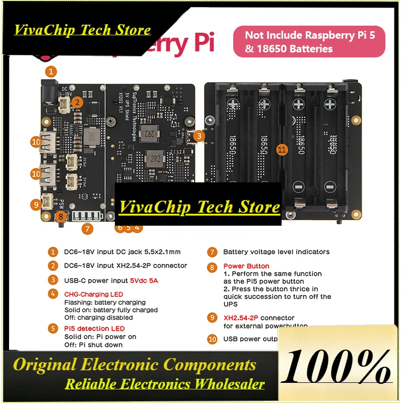 VoFSGeekworm X1202 UPS & Power Management Board With 4 Cell 18650 Battery Holder For Raspberry Pi 5