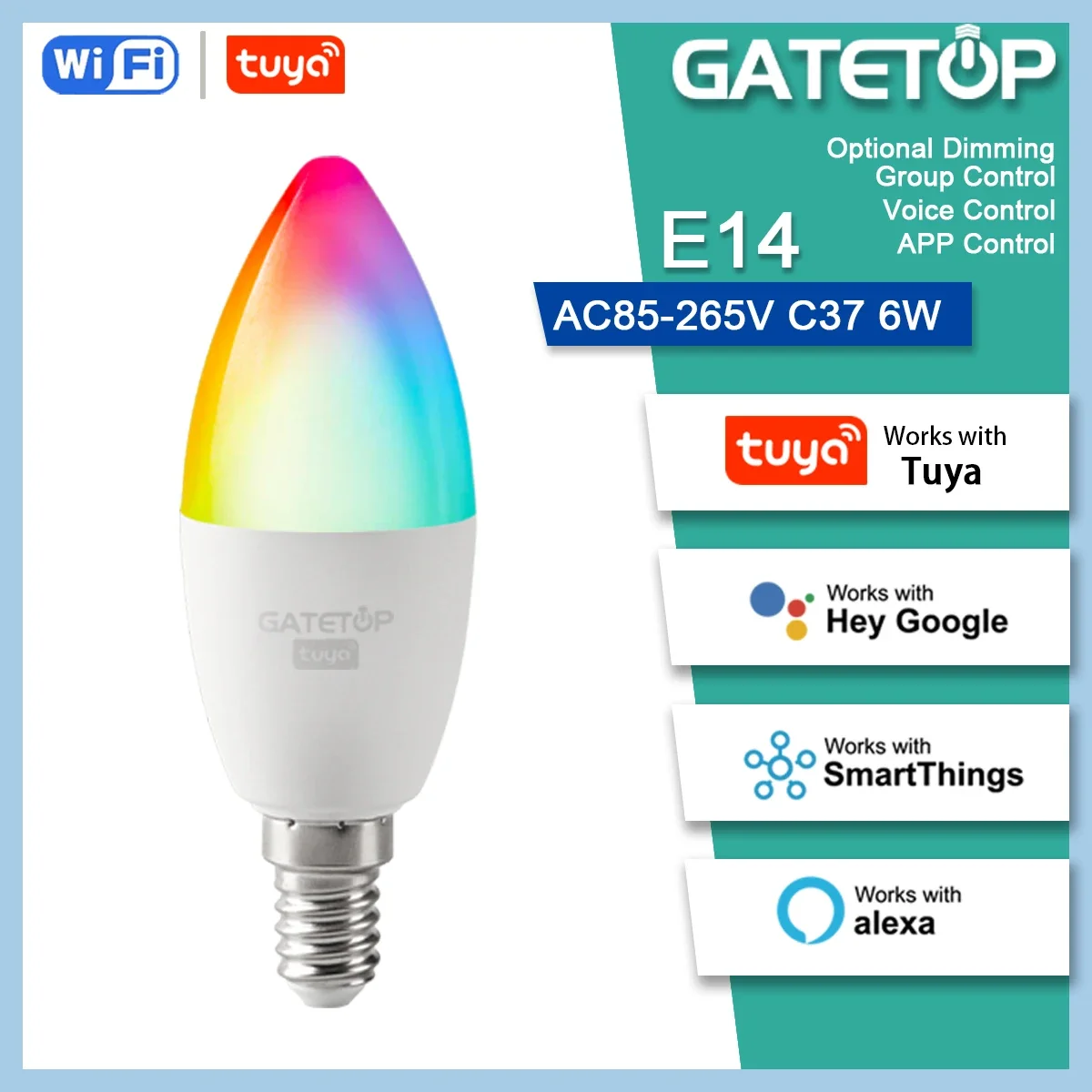 

Bombilla inteligente Tuya Wifi/Bluetooth,Led Alexa RGB，C37 E14 Bulb ,para Google Assisatnt Smart Life Light Dimmable 6W 85V-265V