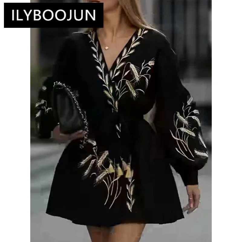 Patchwork Embroidery Casual Mini Dresses For Women V Neck Lantern Sleeve High Waist Temperament A Line Dress Female Fashion