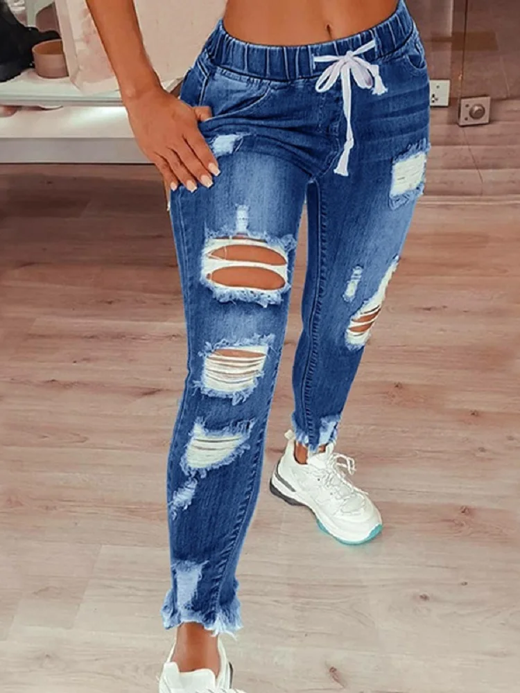 Drawstring Denim Jeans For Women Ripped Hole Stretch Jean Ladies Pencil Pants Pantalones de mujer