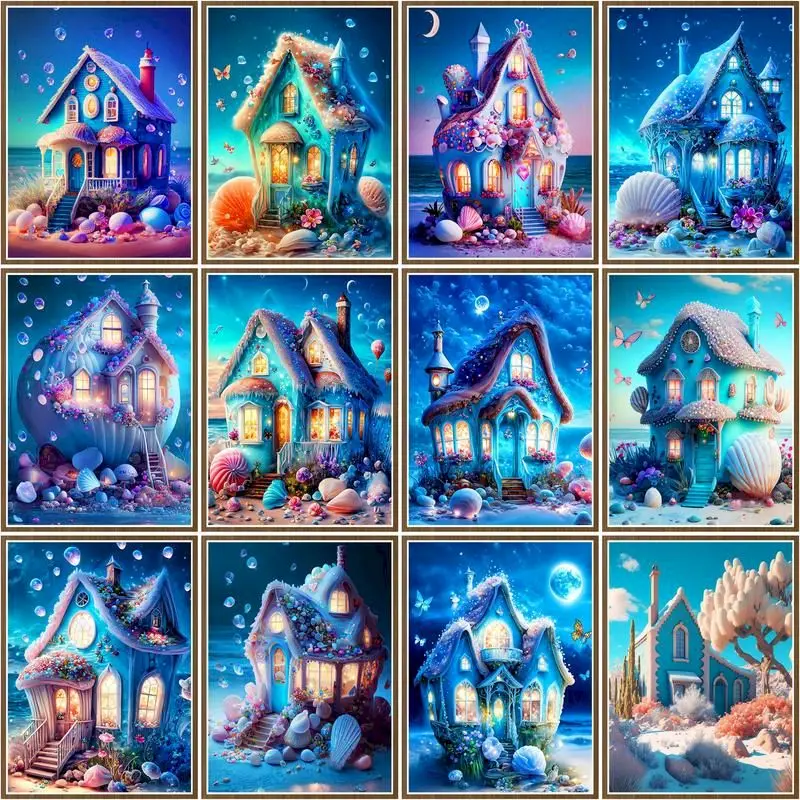 

CHENISTORY Pictures By Number Blue House Kits Home Decor Painting By Numbers Nightscape Drawing On Canvas Handpainted Art