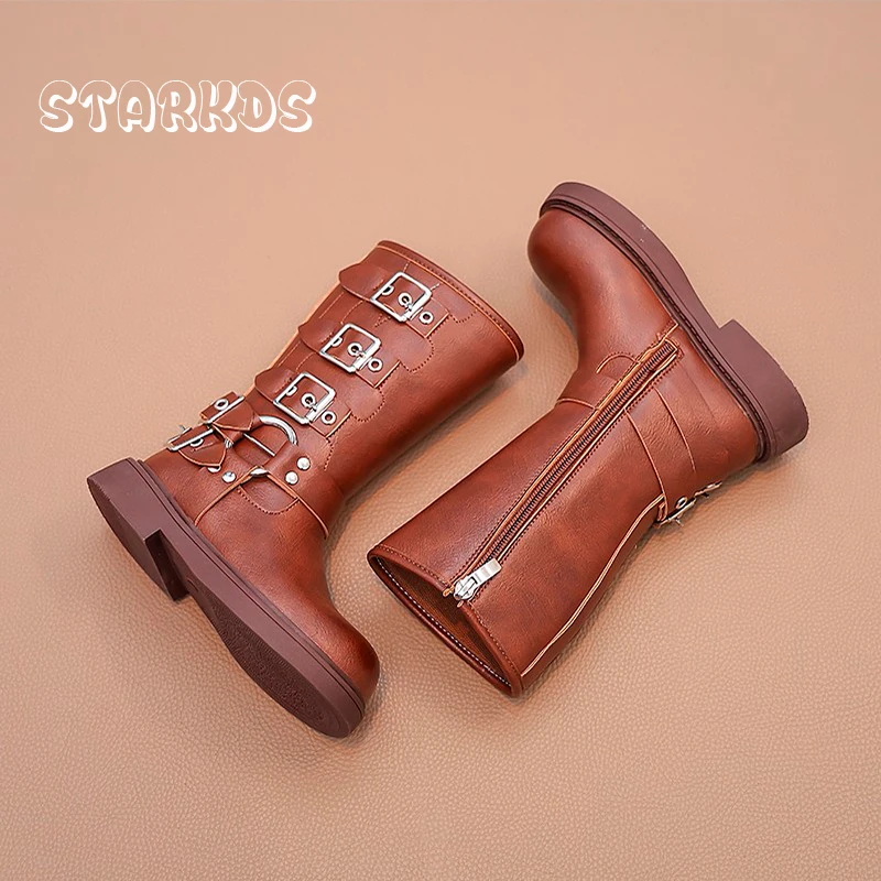 Brand Design Metal Buckle Knee High Boots For Girl Side Zipper Cowboy Long Booties Kids Autumn Thick Sole Round Toe Combat Botas