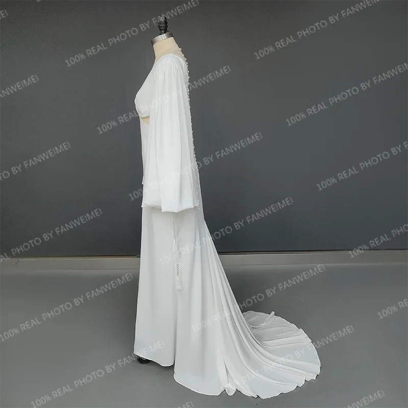 Robe de mariée sirène dos nu à col en V simple avec pompon, robe de patients, manches bouffantes perlées, train de balayage, personnalisé, exquis, 8868 #