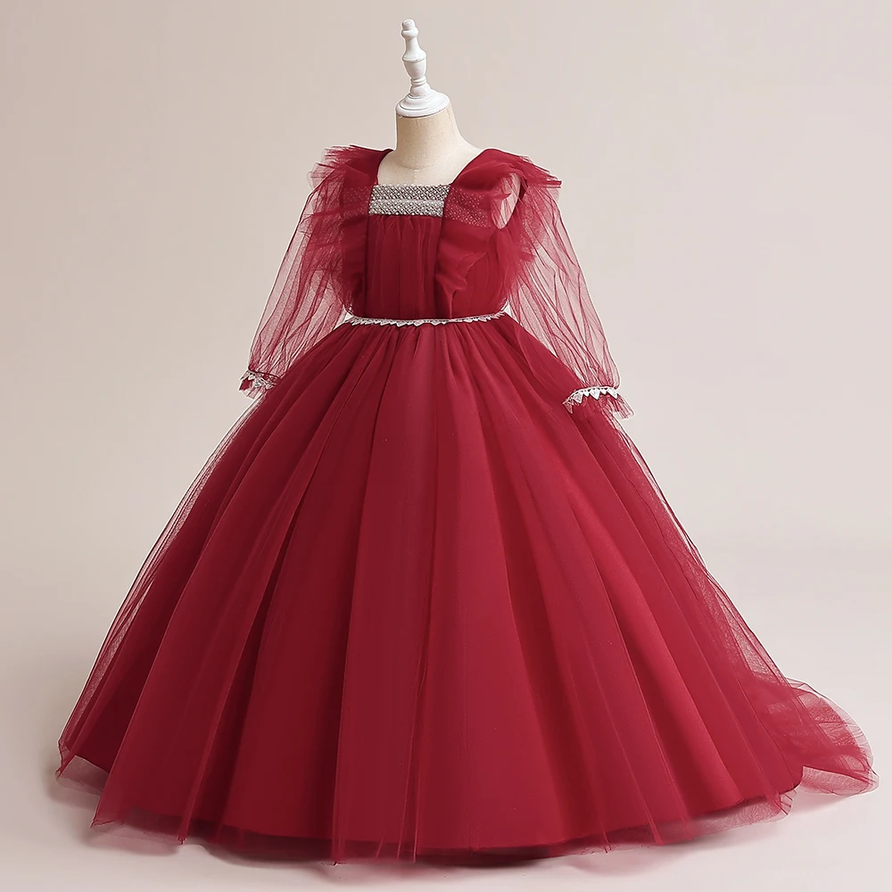 

Christmas Party Dress For Girls Children Costume Puffy Tulle Girl Bridesmaid Dresses Long Sleeve Kids Princess Wedding Prom Gown