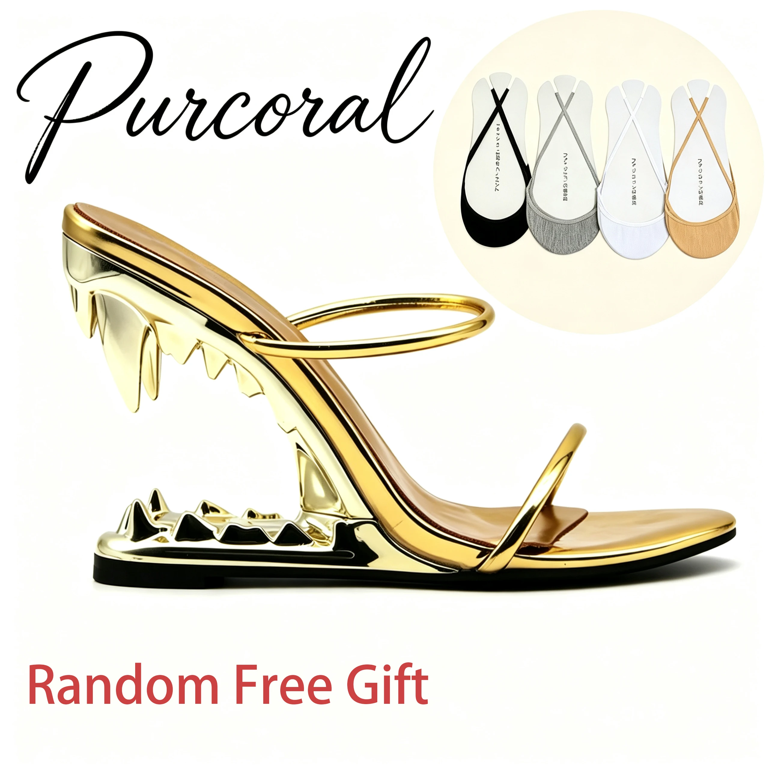 

Purcoral Metallic Slide Sandals Women Shark Tooth Sculptured Wedge Heel Open Toe Slip On High Heels Club Party Dress Shoes