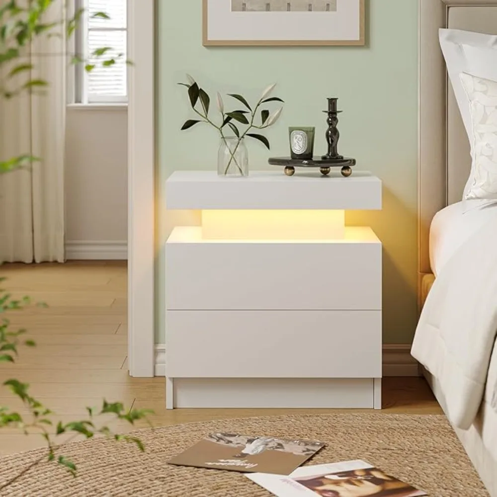 

White LED Nightstand ern Night Stand or Bedroom Bede Table with 2 Wood Ders End Side Table