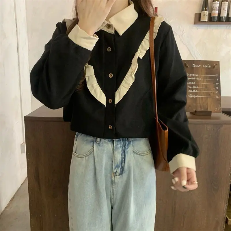 Langarm-Shirts für Damen, Chiffon, gerüscht, Knopfleiste, Blusen, Drehkragen, schmale Passform, feminin, französischer Stil, lässig, Herbst-Looks