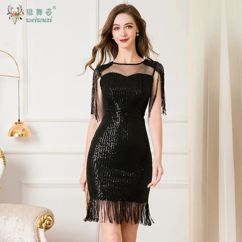 فاخر أنيق شرابات قصيرة الأكمام الترتر فستان حفلات الزفاف فساتين نسائية مساء سليم مثير كوكتيل الترتر هامش فستان