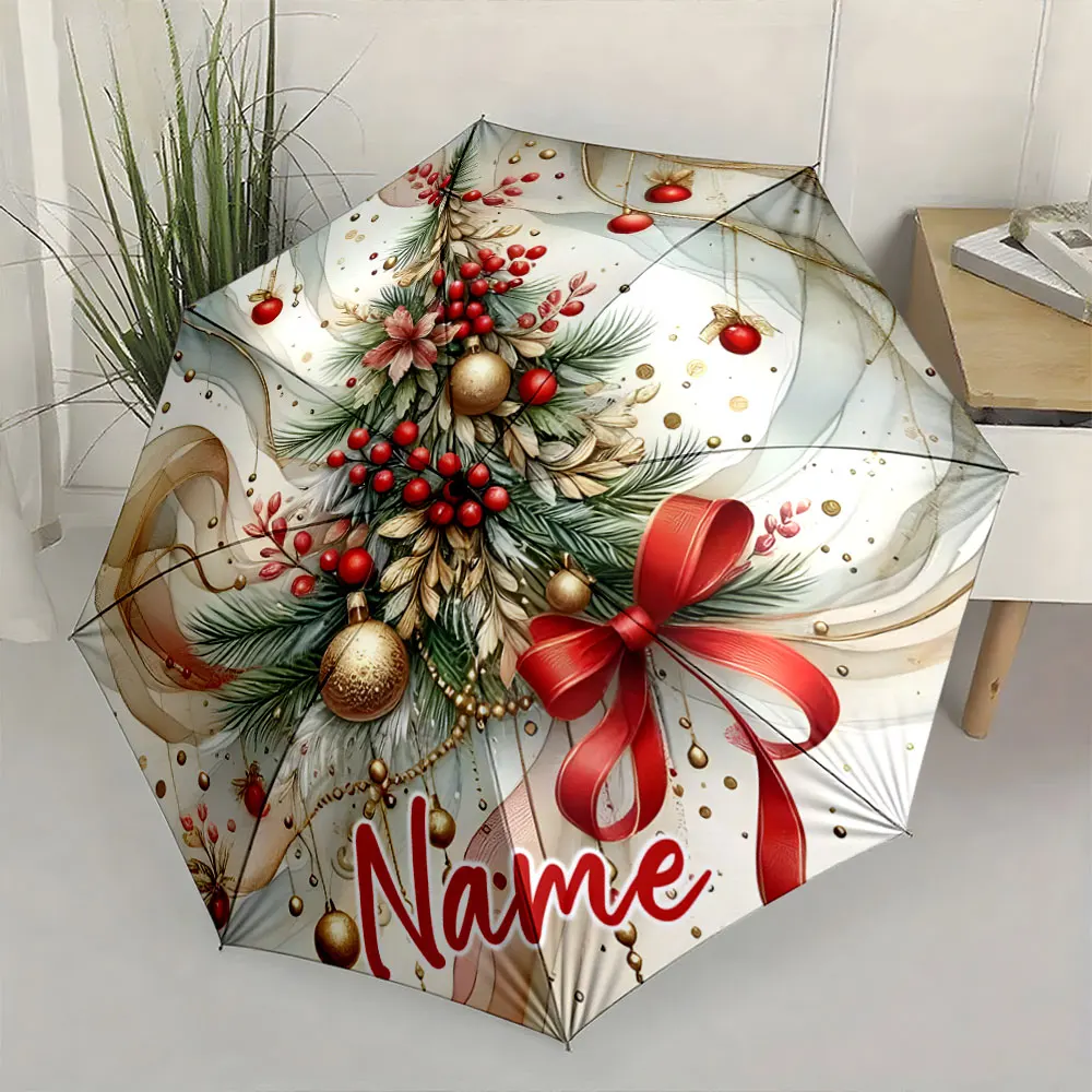 Custom Name Personalized Christmas Umbrella with Festive Design Print 8 Iron Ribs Folding Umbrella, Auto-Open Fashion Sunshade